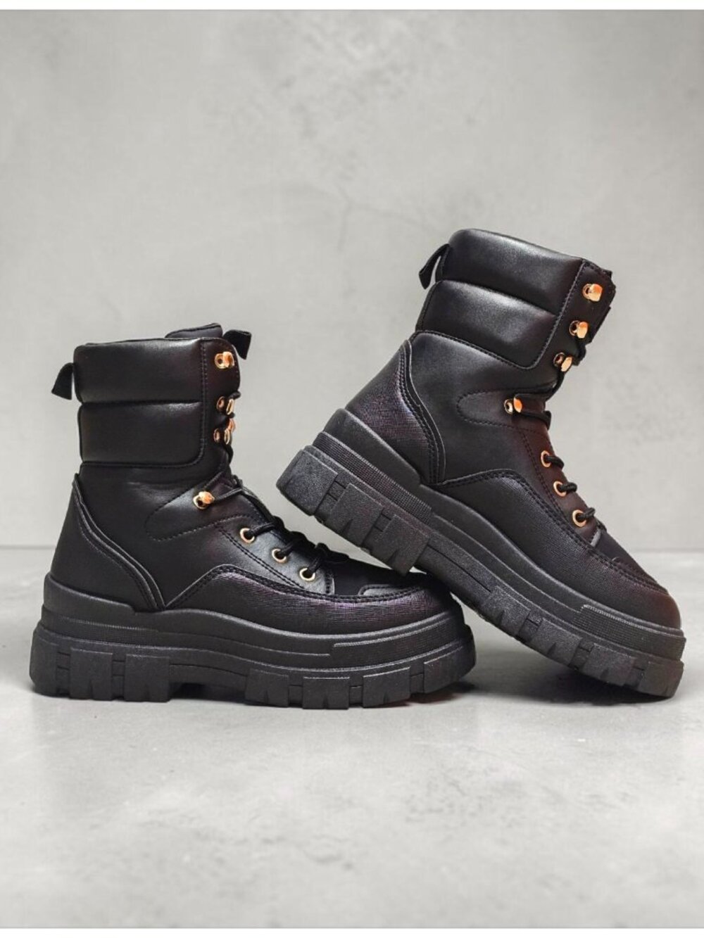 Chunky Black Combat Style Lace-Up Boots With Gold Eyelets For Women - Picture 3 of 9